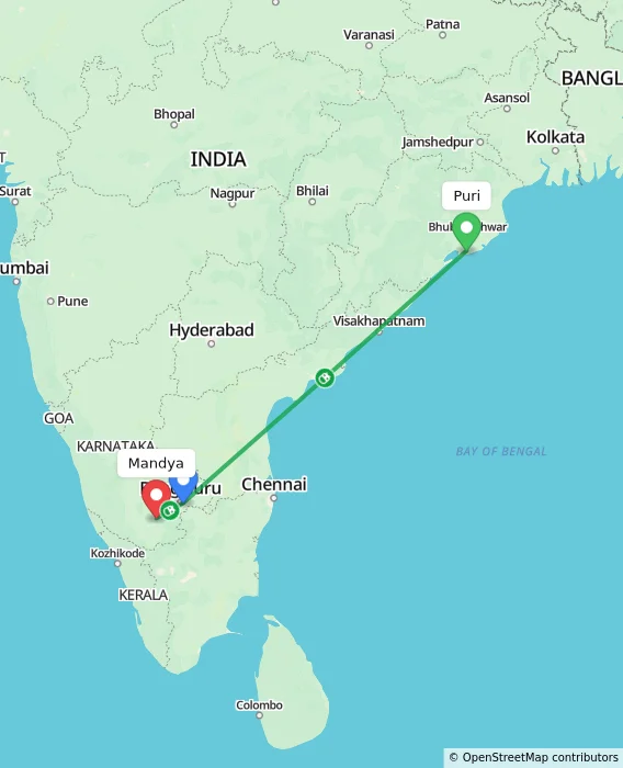 Route map showing distance and travel time from Puri, India to Mandya, India