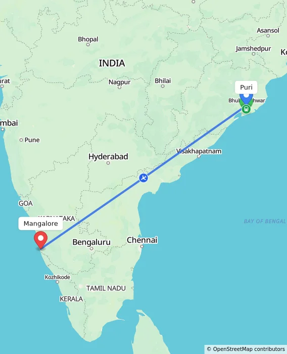 Route map showing distance and travel time from Puri, India to Mangalore, India