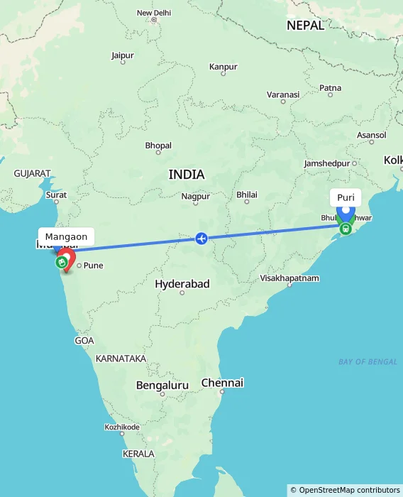 Route map showing distance and travel time from Puri, India to Mangaon, India