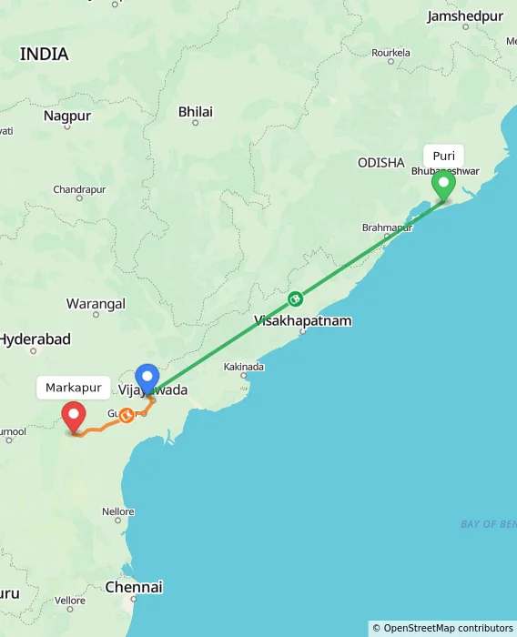 Route map showing distance and travel time from Puri, India to Markapur, India