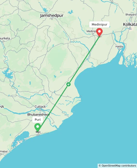 Route map showing distance and travel time from Puri, India to Medinipur, India