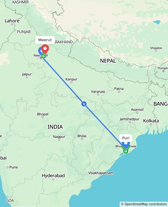 Route map showing distance and travel time from Puri, India to Meerut, India