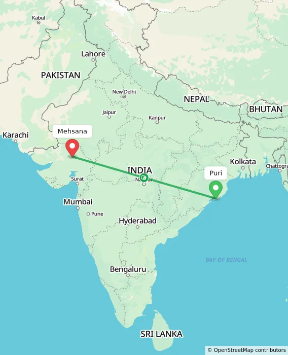 Route map showing distance and travel time from Puri, India to Mehsana, India