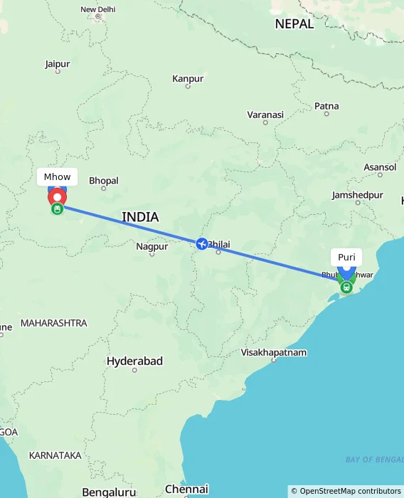 Route map showing distance and travel time from Puri, India to Mhow, India