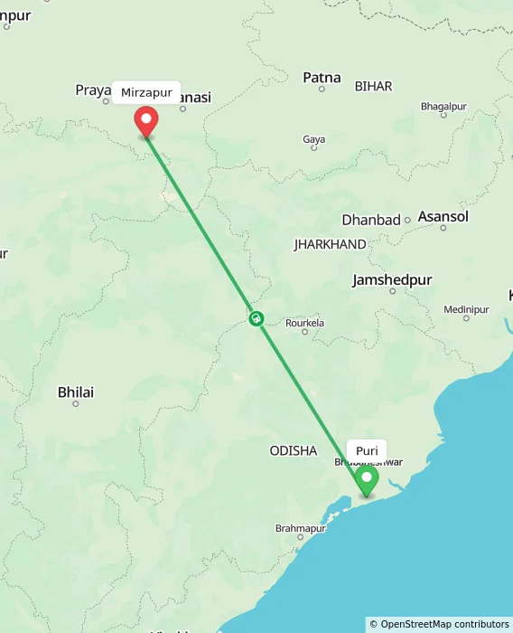 Route map showing distance and travel time from Puri, India to Mirzapur, India