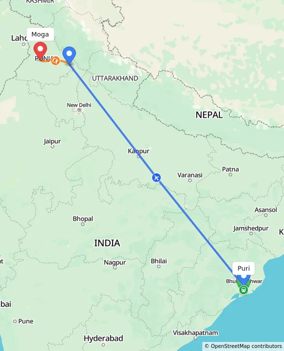 Route map showing distance and travel time from Puri, India to Moga, India