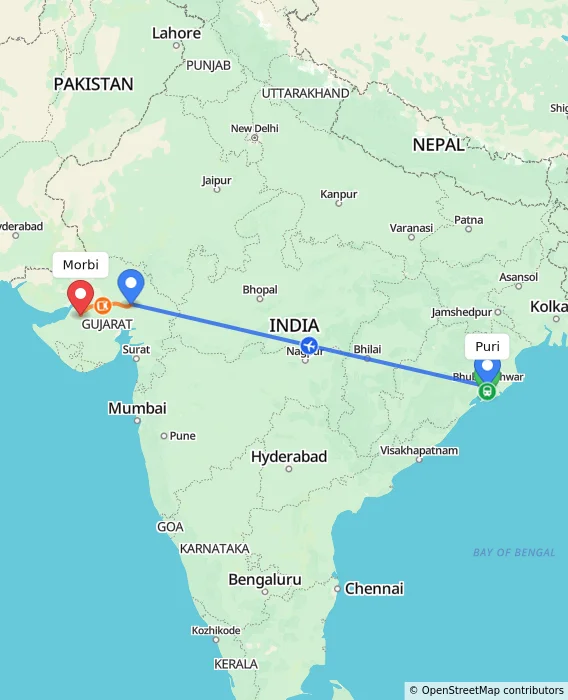 Route map showing distance and travel time from Puri, India to Morbi, India