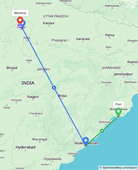 Route map showing distance and travel time from Puri, India to Morena, India