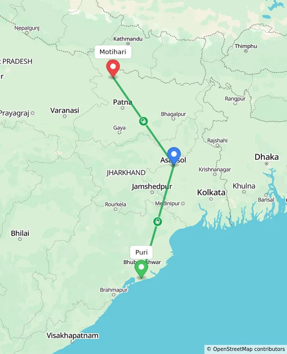Route map showing distance and travel time from Puri, India to Motihari, India