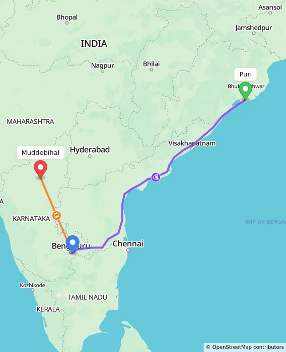 Route map showing distance and travel time from Puri, India to Muddebihal, India