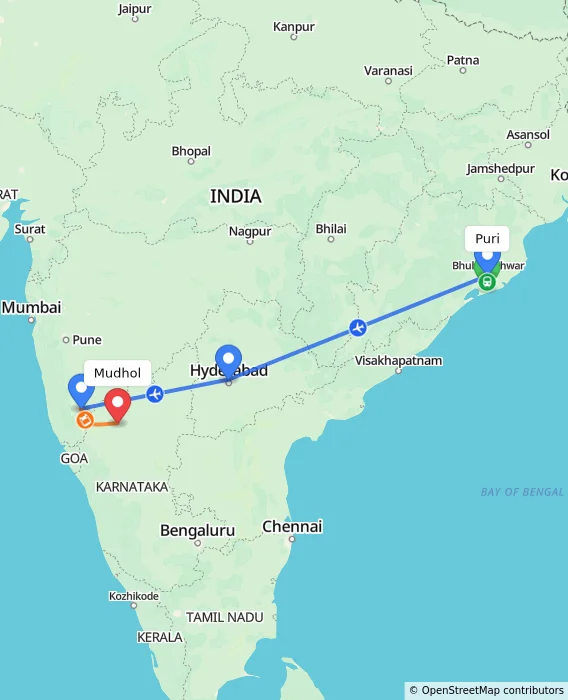 Route map showing distance and travel time from Puri, India to Mudhol, India