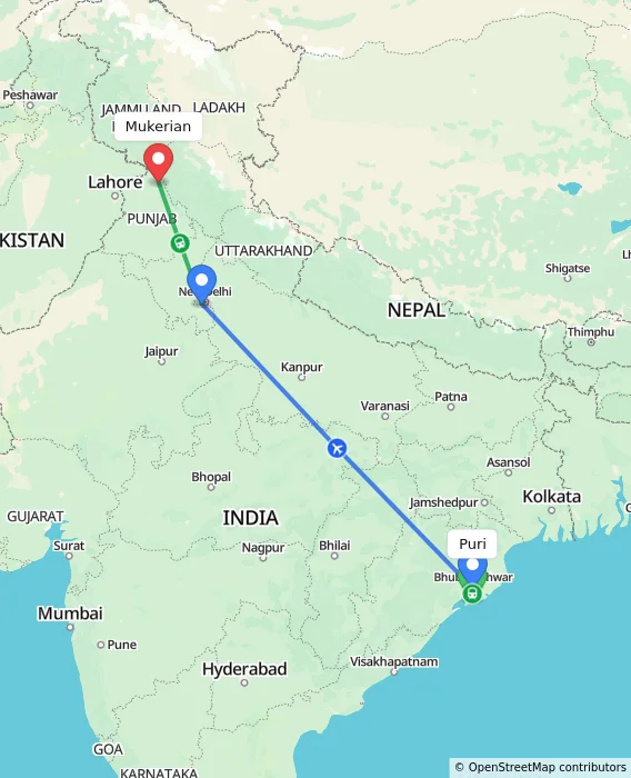 Route map showing distance and travel time from Puri, India to Mukerian, India