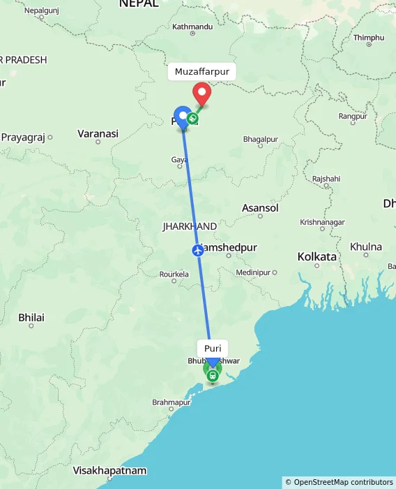 Route map showing distance and travel time from Puri, India to Muzaffarpur, India