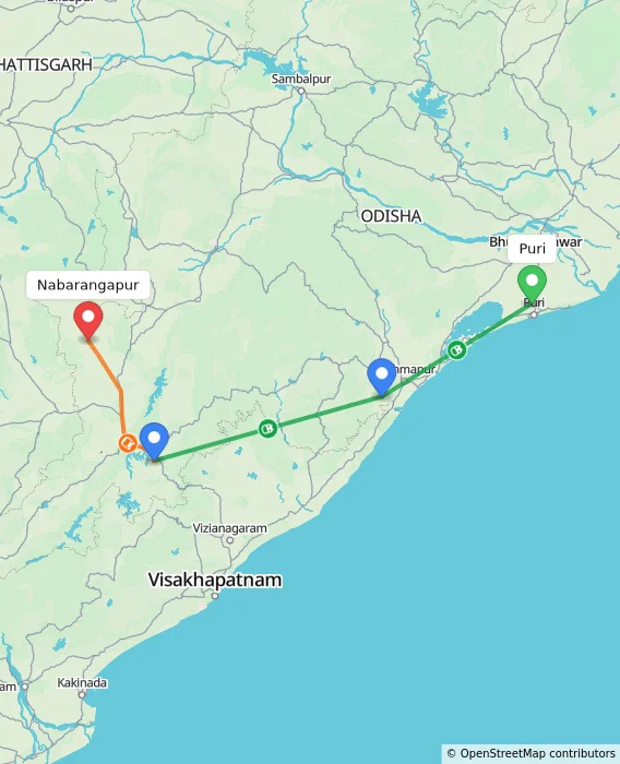 Route map showing distance and travel time from Puri, India to Nabarangapur, India