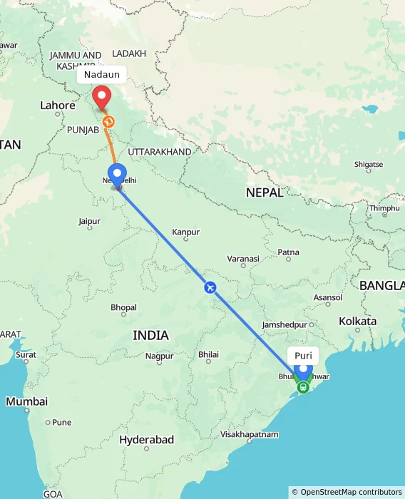 Route map showing distance and travel time from Puri, India to Nadaun, India