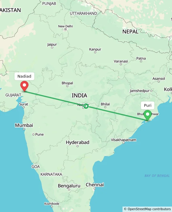 Route map showing distance and travel time from Puri, India to Nadiad, India