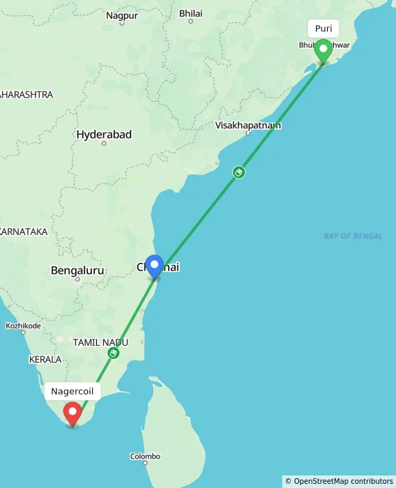 Route map showing distance and travel time from Puri, India to Nagercoil, India