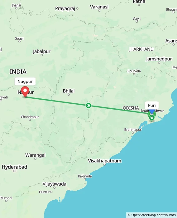Route map showing distance and travel time from Puri, India to Nagpur, India