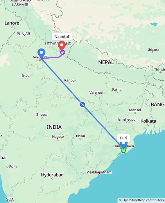 Route map showing distance and travel time from Puri, India to Nainital, India