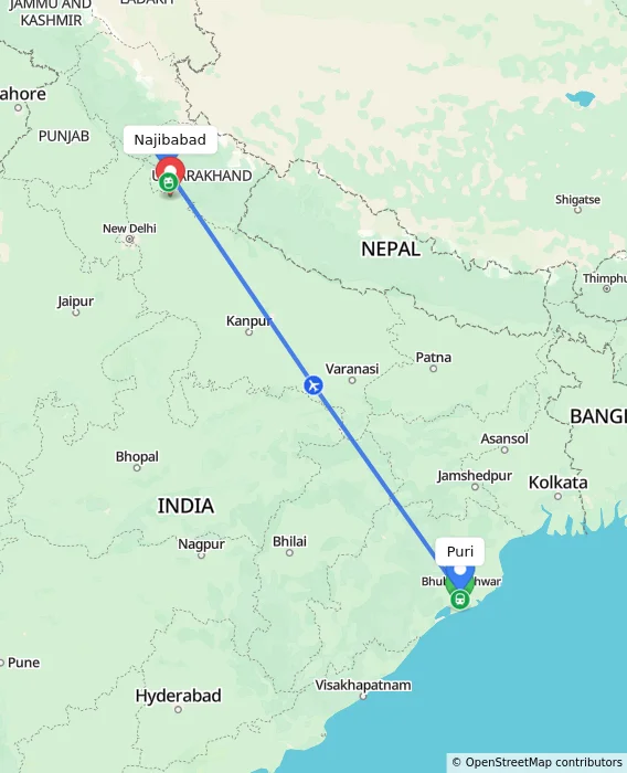 Route map showing distance and travel time from Puri, India to Najibabad, India