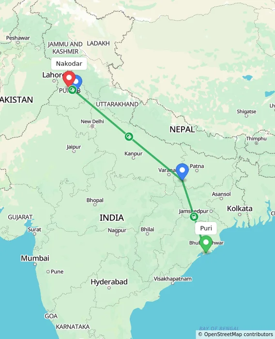 Route map showing distance and travel time from Puri, India to Nakodar, India