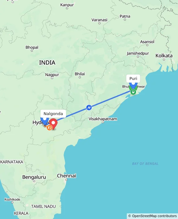 Route map showing distance and travel time from Puri, India to Nalgonda, India