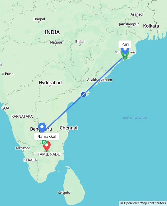 Route map showing distance and travel time from Puri, India to Namakkal, India