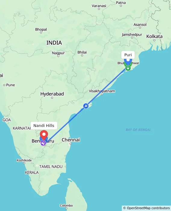 Route map showing distance and travel time from Puri, India to Nandi Hills, India