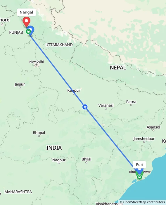 Route map showing distance and travel time from Puri, India to Nangal, India