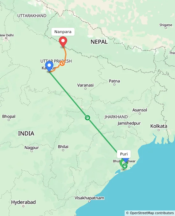Route map showing distance and travel time from Puri, India to Nanpara, India