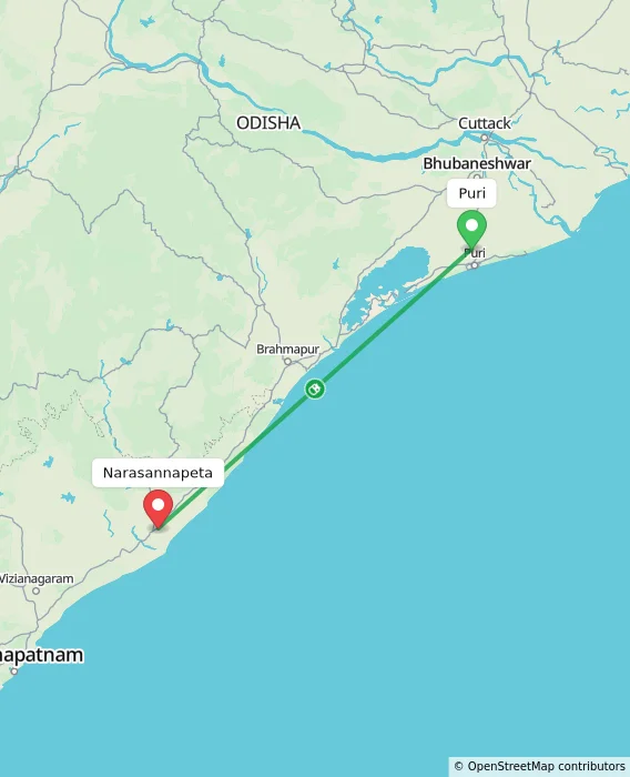 Route map showing distance and travel time from Puri, India to Narasannapeta, India