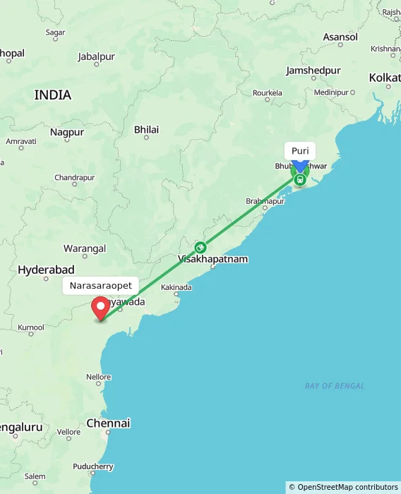 Route map showing distance and travel time from Puri, India to Narasaraopet, India