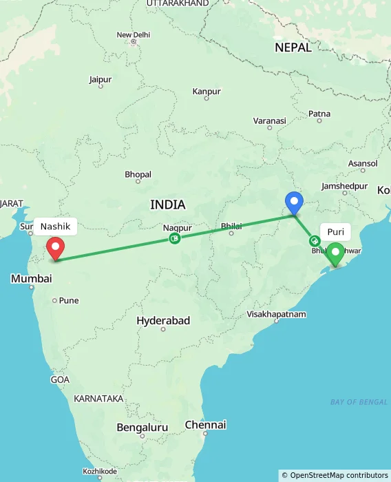 Route map showing distance and travel time from Puri, India to Nashik, India