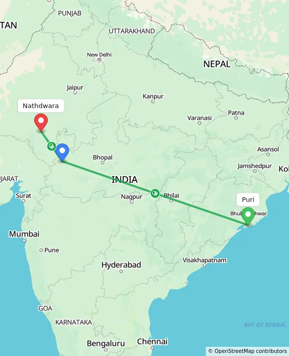Route map showing distance and travel time from Puri, India to Nathdwara, India