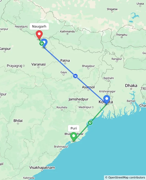 Route map showing distance and travel time from Puri, India to Naugarh, India