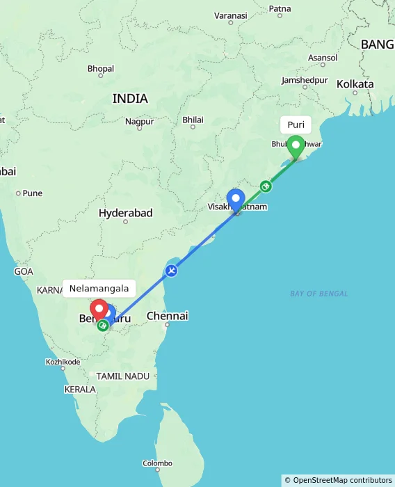 Route map showing distance and travel time from Puri, India to Nelamangala, India
