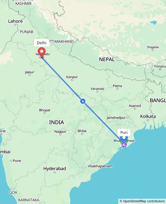 Route map showing distance and travel time from Puri, India to Delhi, India