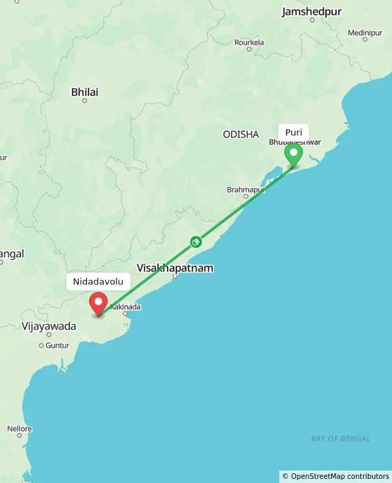 Route map showing distance and travel time from Puri, India to Nidadavolu, India