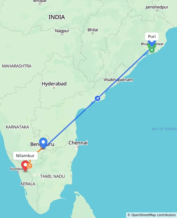 Route map showing distance and travel time from Puri, India to Nilambur, India