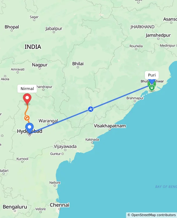 Route map showing distance and travel time from Puri, India to Nirmal, India