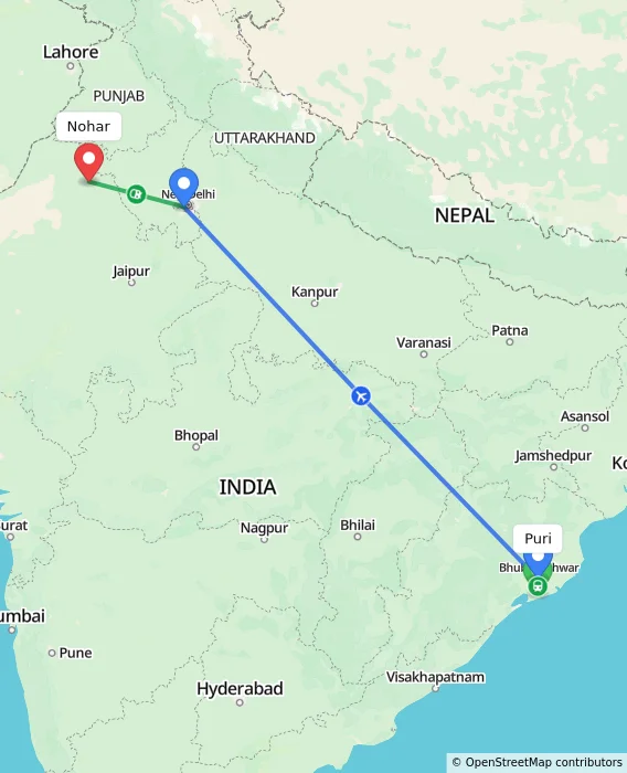 Route map showing distance and travel time from Puri, India to Nohar, India