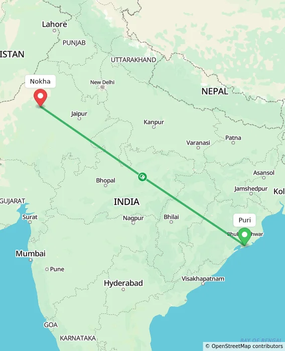 Route map showing distance and travel time from Puri, India to Nokha, India