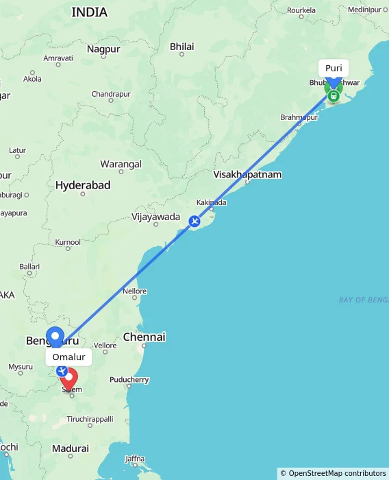 Route map showing distance and travel time from Puri, India to Omalur, India