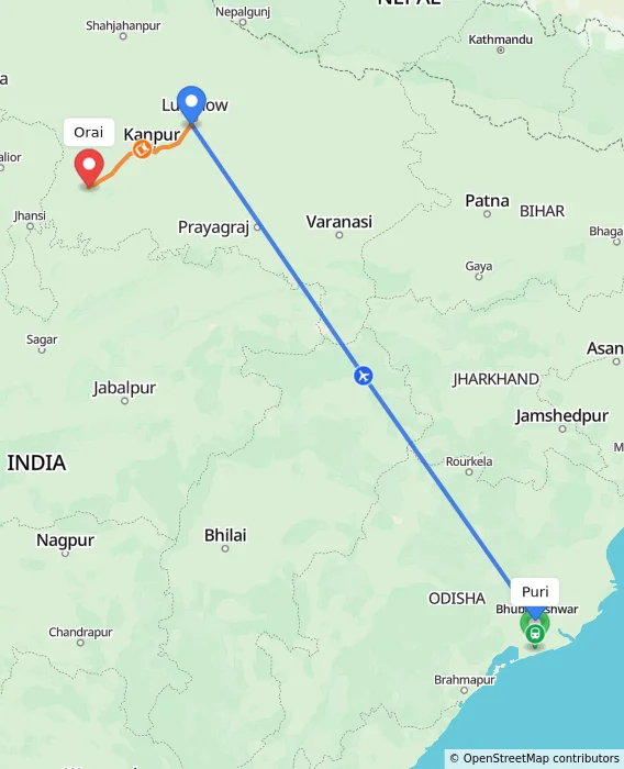 Route map showing distance and travel time from Puri, India to Orai, India