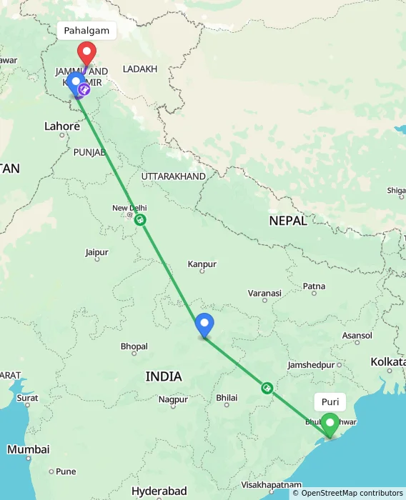 Route map showing distance and travel time from Puri, India to Pahalgam, India