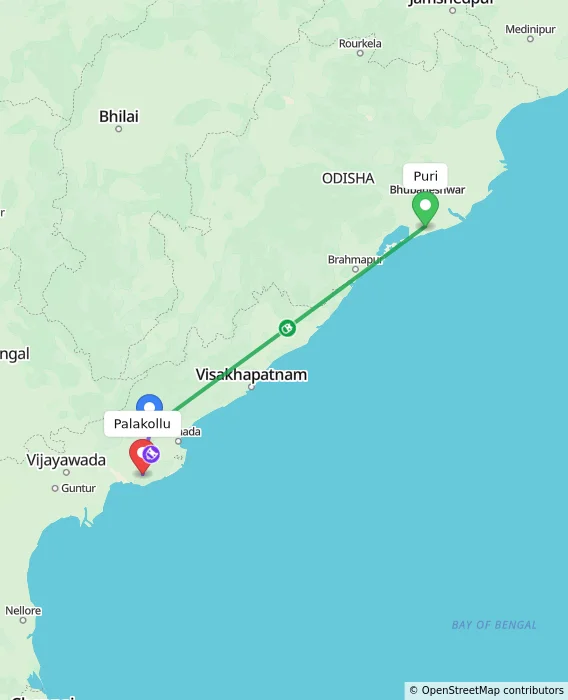 Route map showing distance and travel time from Puri, India to Palakollu, India