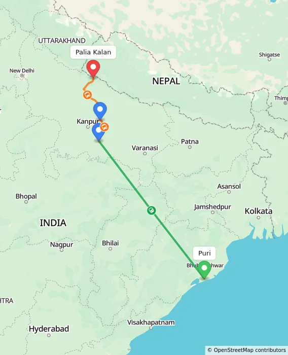 Route map showing distance and travel time from Puri, India to Palia Kalan, India