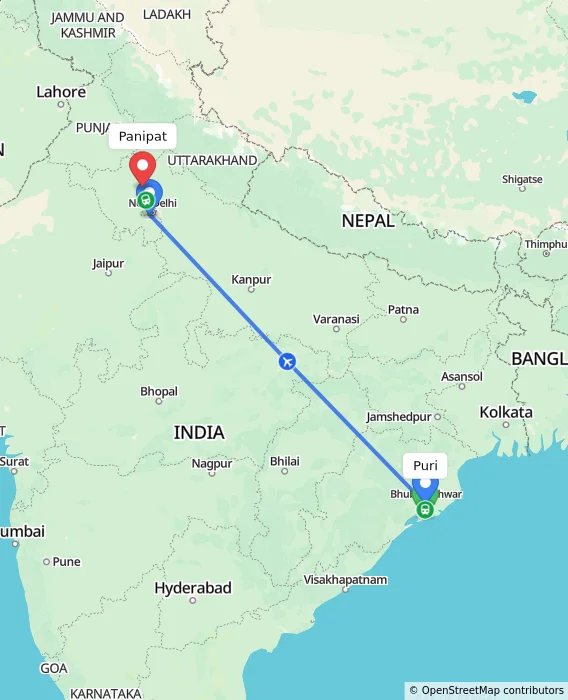 Route map showing distance and travel time from Puri, India to Panipat, India