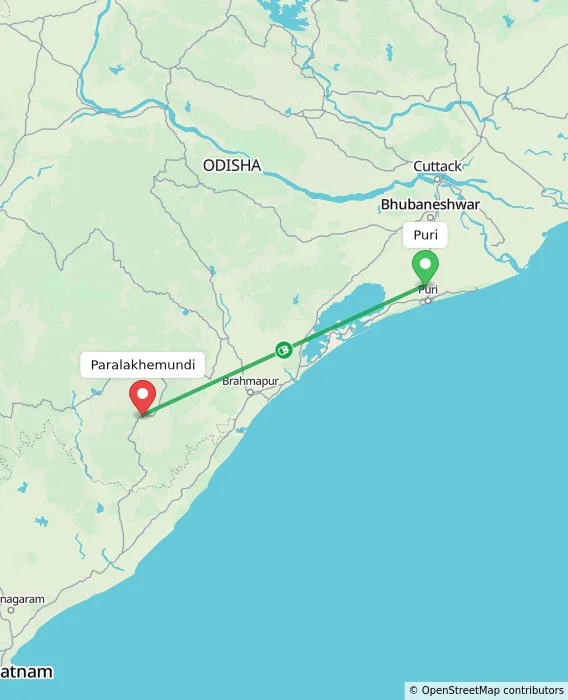 Route map showing distance and travel time from Puri, India to Paralakhemundi, India