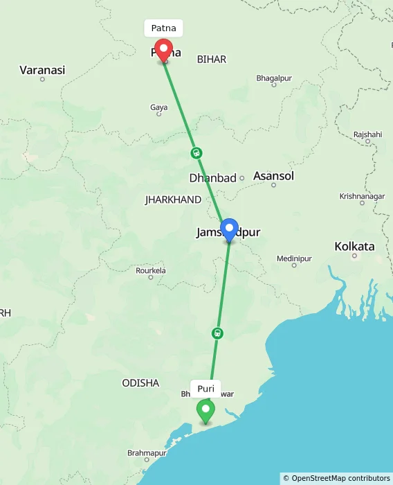 Route map showing distance and travel time from Puri, India to Patna, India